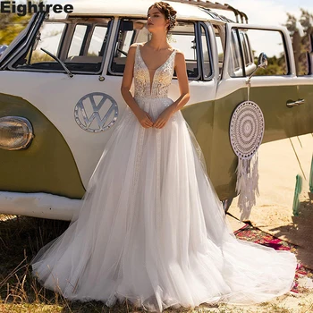 

Eightree Wedding Dress Boho Sleeveless A-Line 2021 V-neck Open Back Beach Bride Gown Princess Plus Size Vestido de Noiva