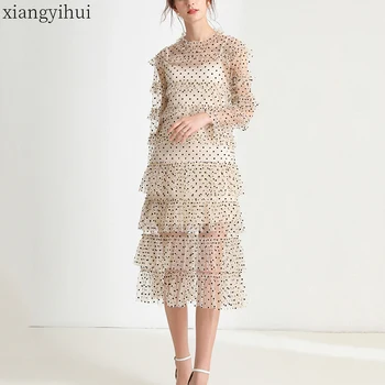 

Vintage Mesh Polka Dot Mesh Midi Dress for Women 2020 Spring Summer Two-piece Dresses A-line Beige vestidos with Long Sleeve