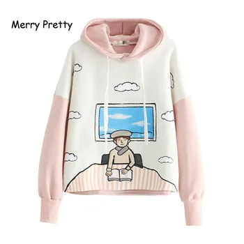 

MERRY PRETTY Women Plus Velvet Hooded Sweatshirts Winter Long Sleeve Fleece Pullovers Harajuku Brand Cartoon Printed Hoodies
