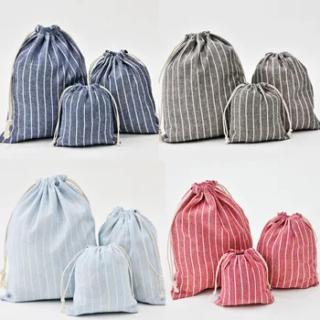 

New Hot Retro Women Cotton Drawstring Shopping Striped Bag Fashion Eco Reusable Folding Grocery Cloth Underwear Pouch Case