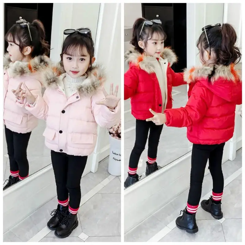 

1Pcs Winter Baby Girl Clothes Warm Winter Jacket Coat Children's Park Fur Hooded Solid Color Teen Children's Down Jacket Thicken