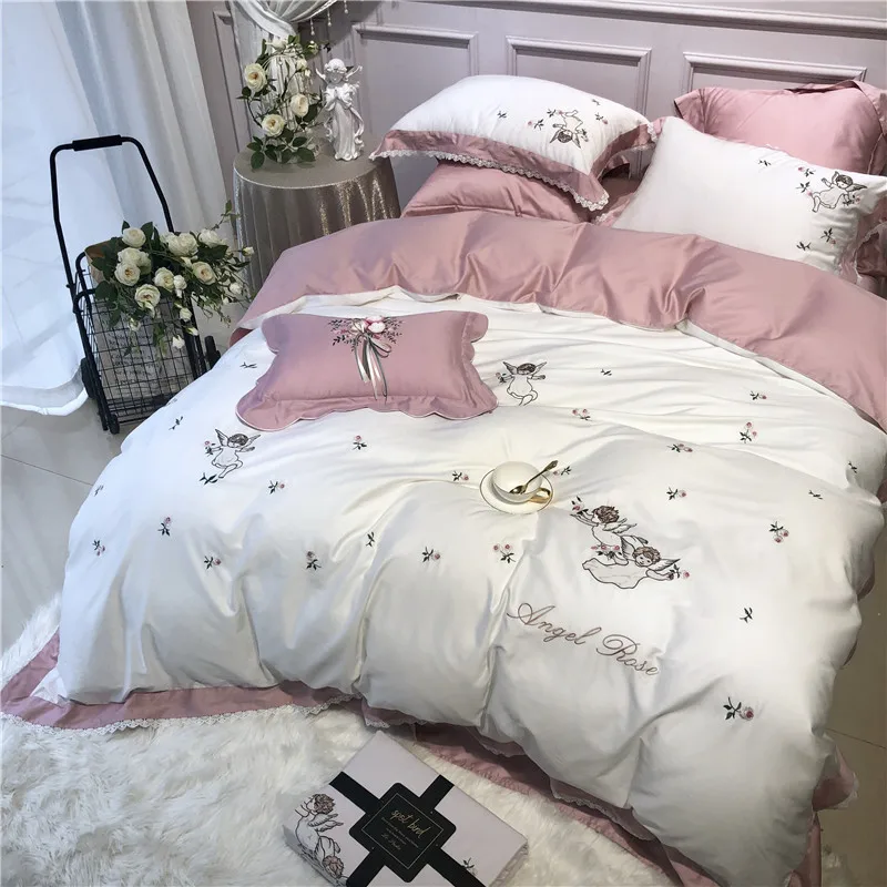 Белый Египетский хлопок ангел набор постельного белья 4/7 шт. queen King size комплект постельного белья с вышивкой пододеяльник простынь Комплект постельного белья