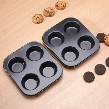 4 Holes Non-Stick Cupcake Baking Tray Carbon Steel Muffin Pan Cake Mould Egg Tart Baking Mold Round Biscuit Pan Kitchen Bakeware