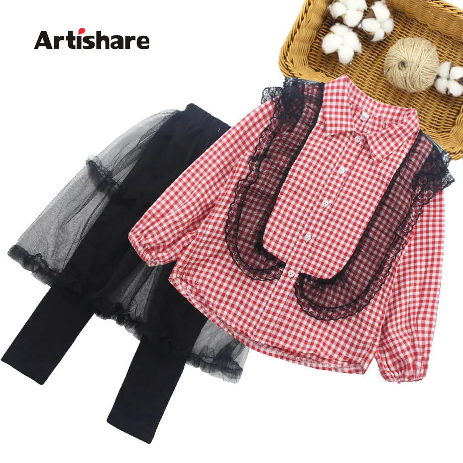 

Girls Clothes Plaid Pattern Blouse + Mesh Pants 2PCS Girl Clothes Set Teenage Kids Christmas Set For Girls 6 8 10 12 14 Year