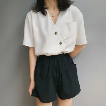 

White Women's Blouse Elegant Office 2020 Summer Short Sleeve Tops Shirts Korean Janpanese Casual Button Pocket Femme Blouses