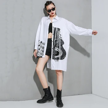 

Women White Pattern Printed Big Size Long Blouse New Lapel Long Sleeve Loose Fit Shirt Fashion Spring Autumn 2020
