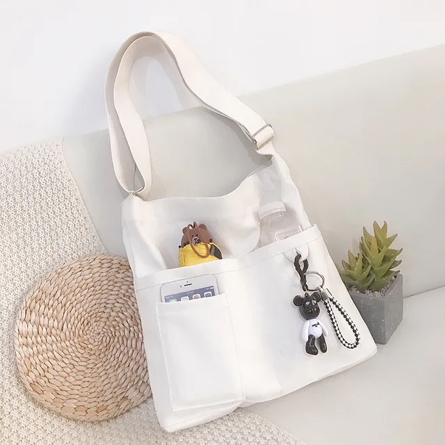 New Lady's Cross-body Bag Canvas Art Plain Color Single Shoulder Bag College and High School Remedial Bag Class Bag white