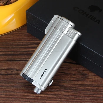

COHIBA Pocket Refillable Cigar Lighter 3 Jet Torch Cigarette Lighters Gadgets Windproof Portable With Cigars Punch Gift Box