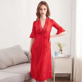 

New Women Nightgowns Sets Sexy Lace Bathrobe Transparents Gauze Mesh Suit Bud Lingerie Sleepwear Nightgowns for Women Babydoll