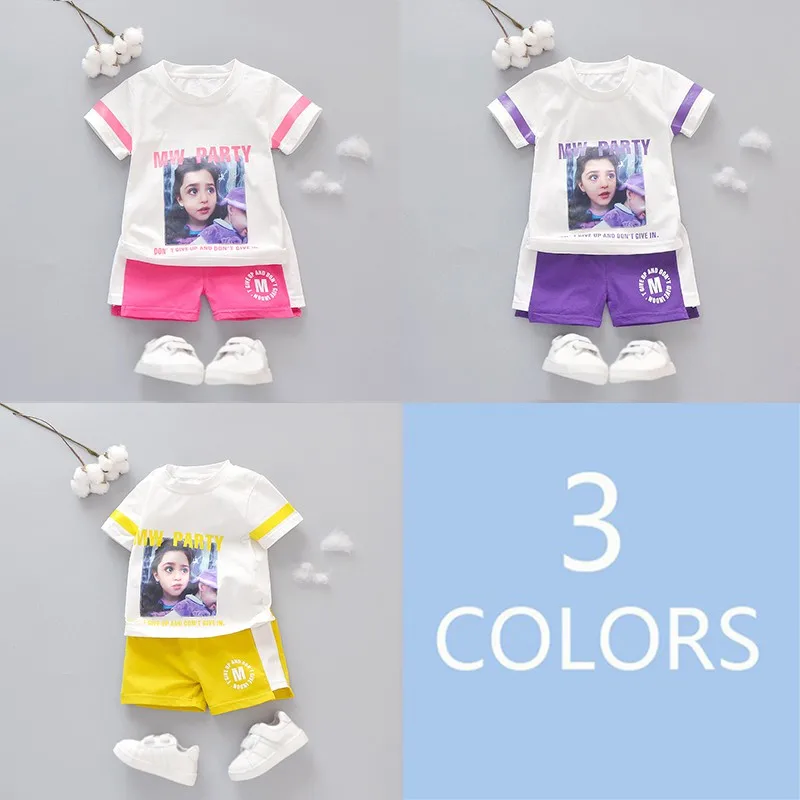 

2Pcs/Set Summer Children Baby Girls Casual Print Pattern Short Sleeve Tops T-shirt +Shorts Suits