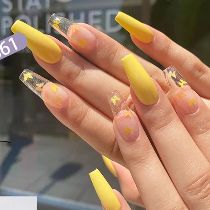 24pcs Set Long Ballerina Fake Nails Yellow Butterfly Pattern Square Nail Decal False Nails Coffin Shaped Full Nail Art Tips False Nails Aliexpress