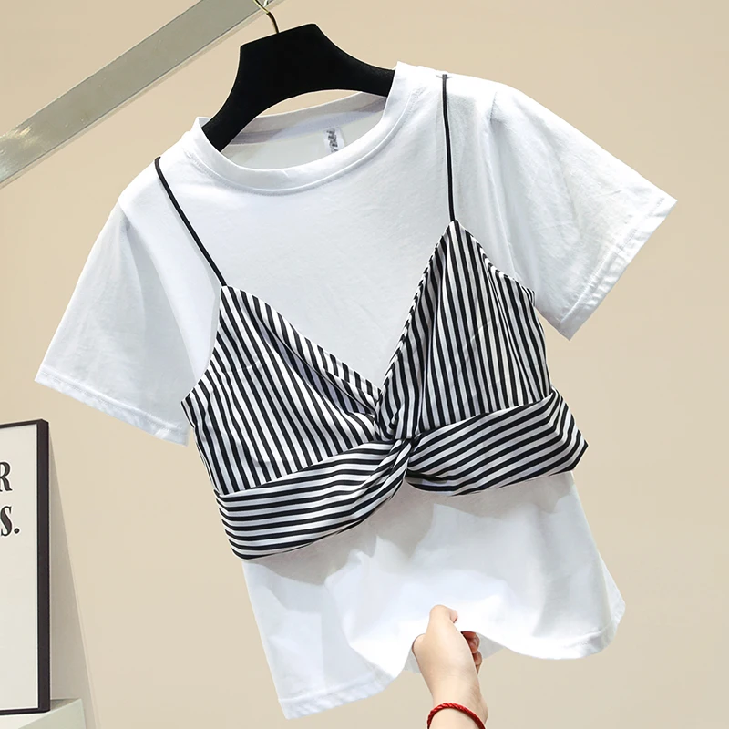 

Striped Strap T Shirt for Women Loose White Short Sleeve T-shirt Female Ins Super Fashion Summer Top T Shirts Tshirt Nancylim