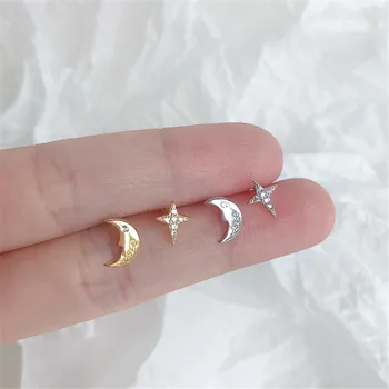 

925 Sterling Silver Asymmetry Crystal Star Moon Stud Earrings For Women Grils Wedding Female pendientes mujer moda eh1253