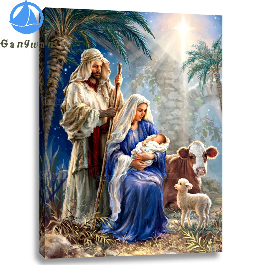 Peinture Diamant Theme Jesus Et Berger Broderie Complete 5d Point De Croix Avec Bebe Mouton Et Vache Vierge Aliexpress