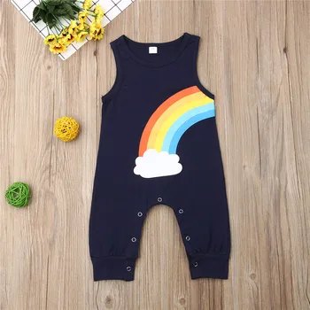 

Summer Girl Boy Rompers Newborn One-Pieces Rainbow Romper Trousers Outfit Blue Sleeveless Jumpsuits Kid Outfits