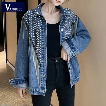 

Vangull Denim Jacket Women Sherpa Streetwear Diamonds Trending Harajuku Tops 2020 Womens Jackets Beading Patchwork Tassel Coats