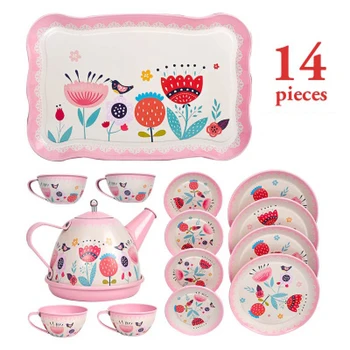 

14PCS Teapot Teacup British Style Afternoon Tea Tinplate Toys Kids kitchen kids Tea set Toys Pretend Play Toys for girl Toys