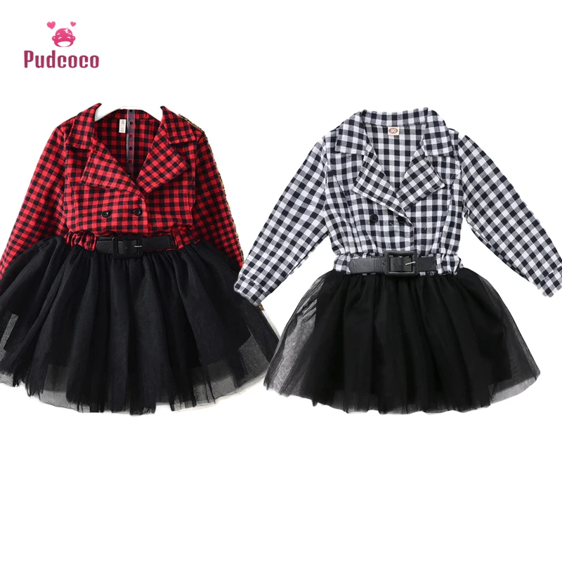 Pudcoco/Одежда для маленьких девочек Рождественская клетчатая юбка-пачка, платье принцессы Детское кружевное бальное платье с длинным рукавом, праздничное платье