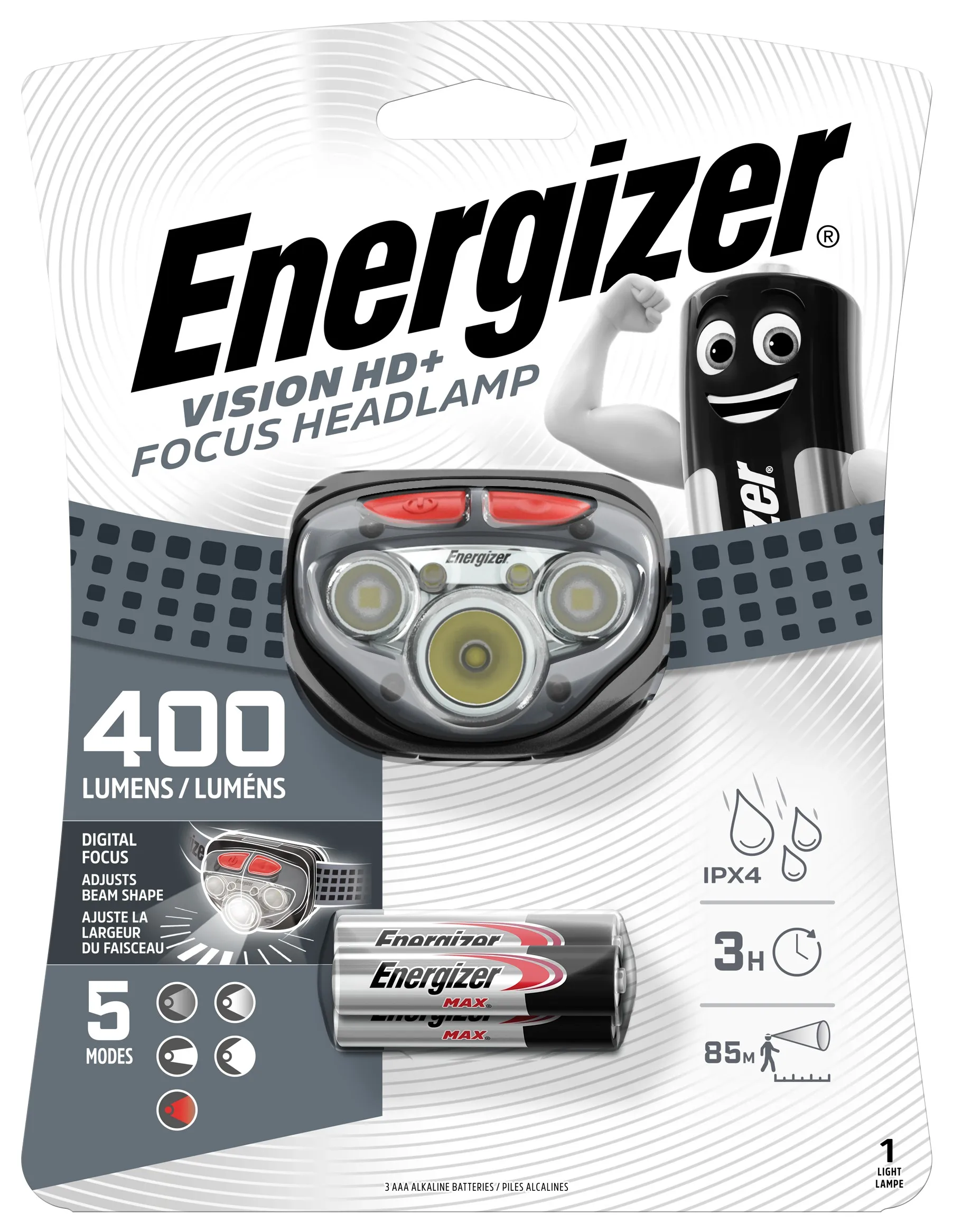 ФОНАРЬ Energizer Налобный Vision HD+ FOCUS HEADLIGHT(HDD322)+3AAA 5свд цифр. фокус дальность 85м 3h 400LUM |