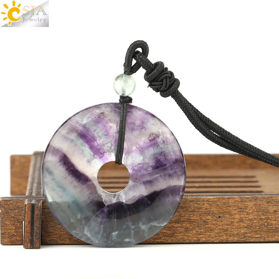 

CSJA Natural Colorful Fluorite Pendant Necklace Round Stone Amulet Knot Peace Buckle Pendants Women Men Reiki Jewelry Gifts G158