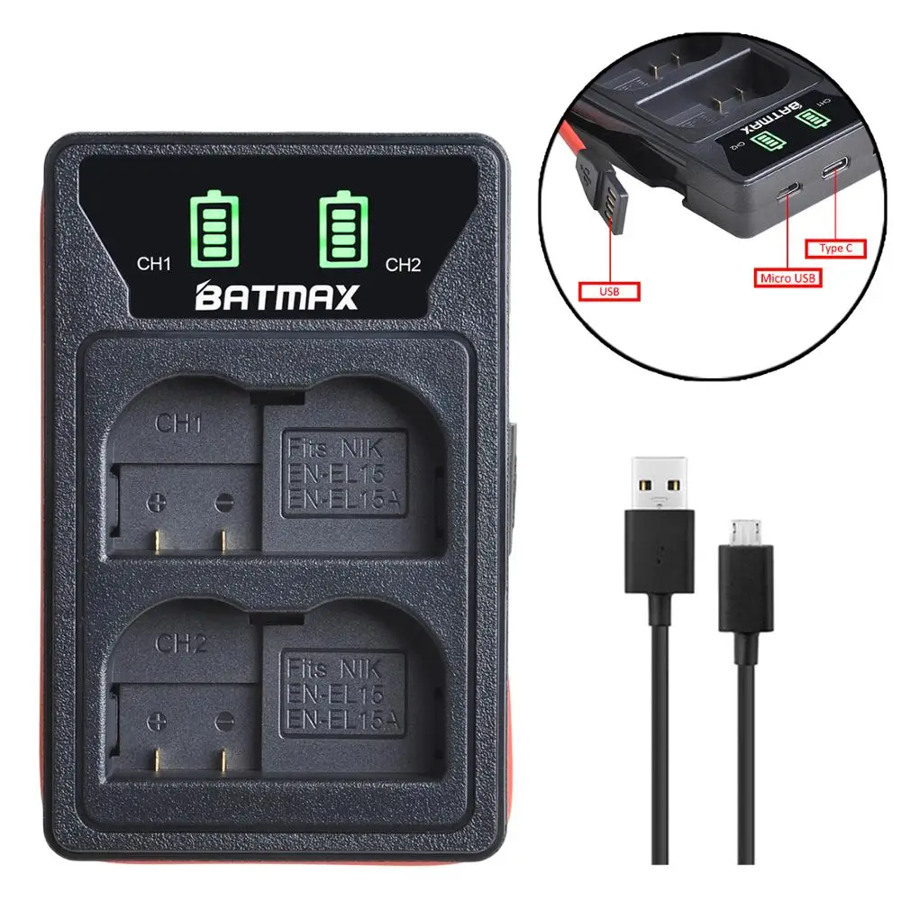 Batmax EN-EL15 EN-EL15A LED USB двойное зарядное устройство с портом типа C для Nikon D600 D610 D600E D800