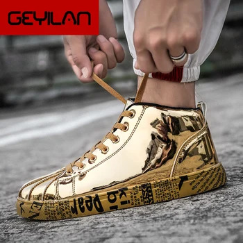 

2019 Plus Size 46 Women/Men Fashion Graffiti Sneakers Shoes Bling Lovers Gold Silver Platform Flats Lady Casual krasovki Shoes
