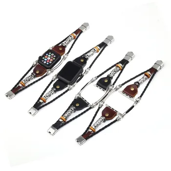 

38mm 40mm 42mm 44mm Vintage PU Leather Watch Band For Watch Series 4/3 Replacement Bead Braided Bracelet With Stainless Steel