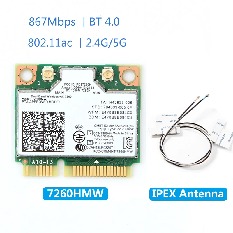 Двухдиапазонная Беспроводная Wlan-карта AC 7260HMW 7260ac PCI-E 802.11ac WiFi BT 4 0 Mini 2 4G/5 ГГц 2x2 Wi-Fi +