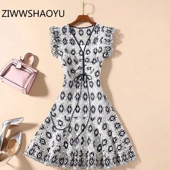 

ZIWWSHAOYU Summer Women Embroidery Hollow Out Cotton Dress Fashion Designer Ladies Ruffles Hem Bow Belt Vintage Mini Dresses