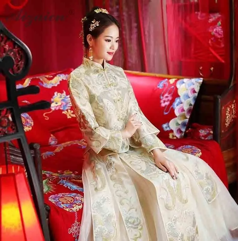 Весна 2019, цвет шампанского, Cheongsam, Китай, платья с длинными рукавами, Qi Pao, женское китайское свадебное платье, Ципао, современное платье