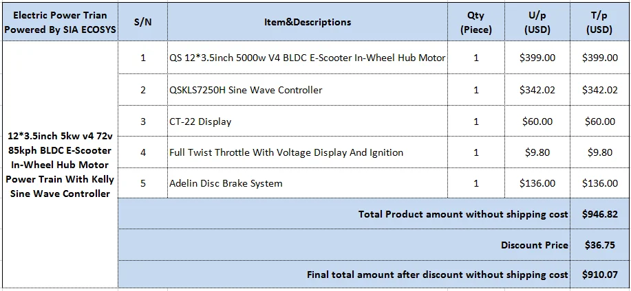 QS Мотор 12 дюймов 260 5000 Вт 45H V4 72V 90KPH последующего внедрения СПГ с шикарными ярко синусоидным контроллером