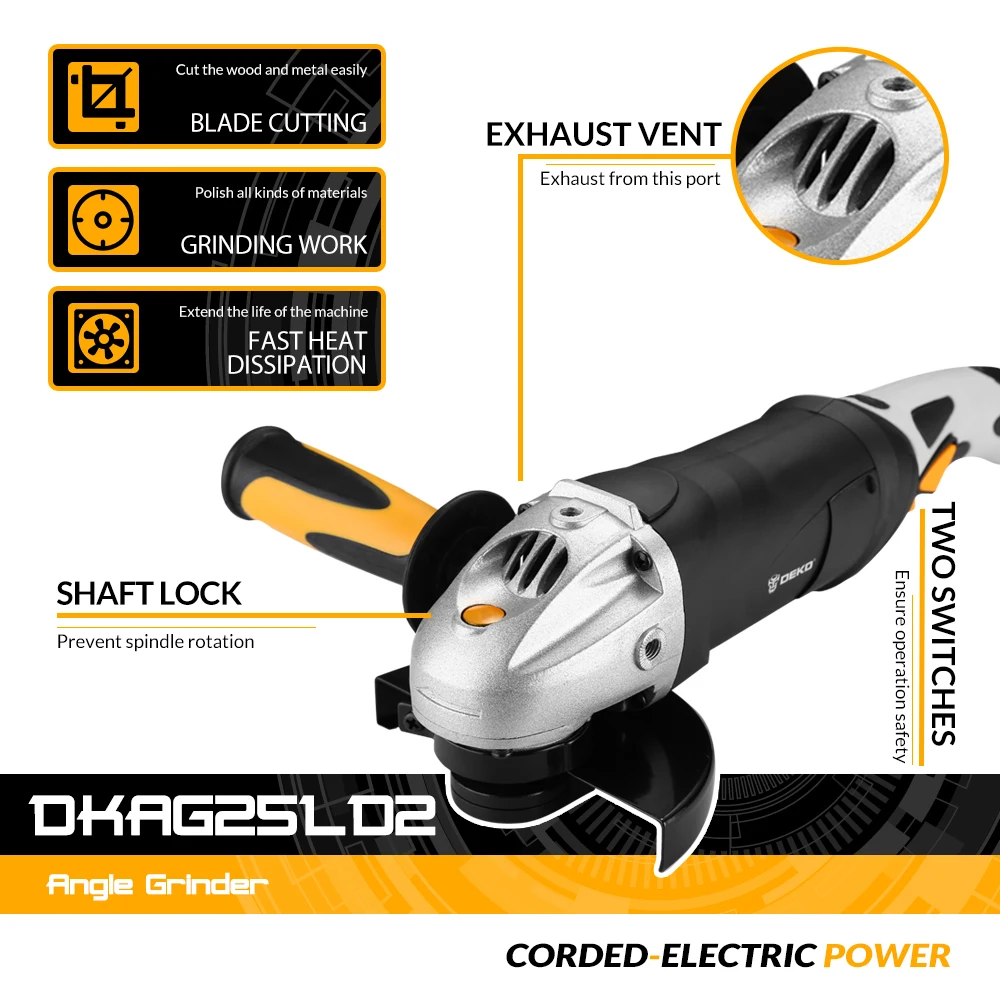 DEKO DKAG25LD1/2 220V Electric Angle Grinder Working For Cutting Grinding Metal Wood Power Tool