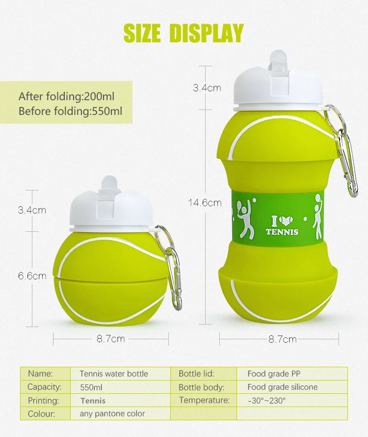 Новинка, теннисная Спортивная бутылка для воды с соломинкой, Экологичная пластиковая герметичная Складная портативная Питьевая Посуда 550 мл