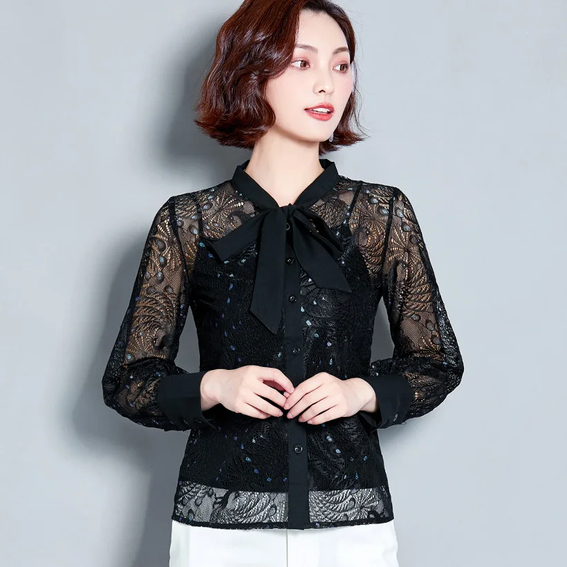 Blusas mujer de moda Осенняя кружевная рубашка с длинными рукавами сексуальная открытая женская блузка с бантом рубашка плюс размер Свободная Женская рубашка