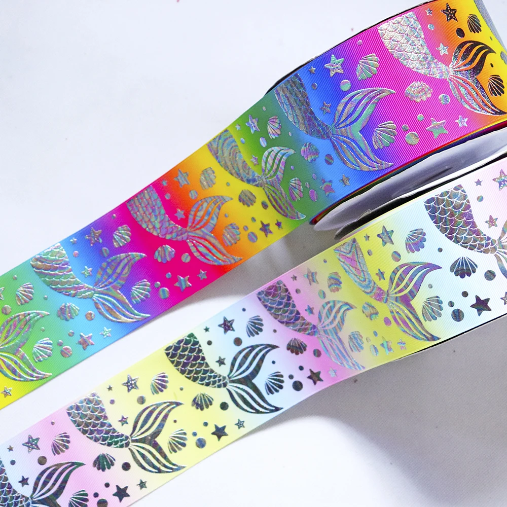 2 yards 3&quot 75 mm Foil Printed Ribbon Gold Mermaid DIY Hair bows Accessories Handmade Materials Wedding Gift Wrapping Tape | Дом и сад