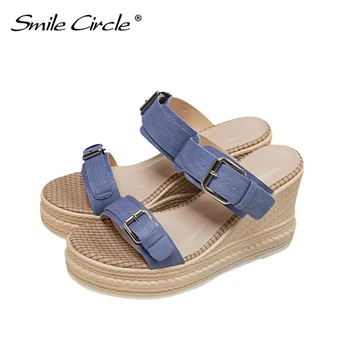 

Smile Circle/Korea Dongdaemun Wedge Sandals Female 2020 Summer New Korean Version Simple One-button Buckle Open Toe Sandals