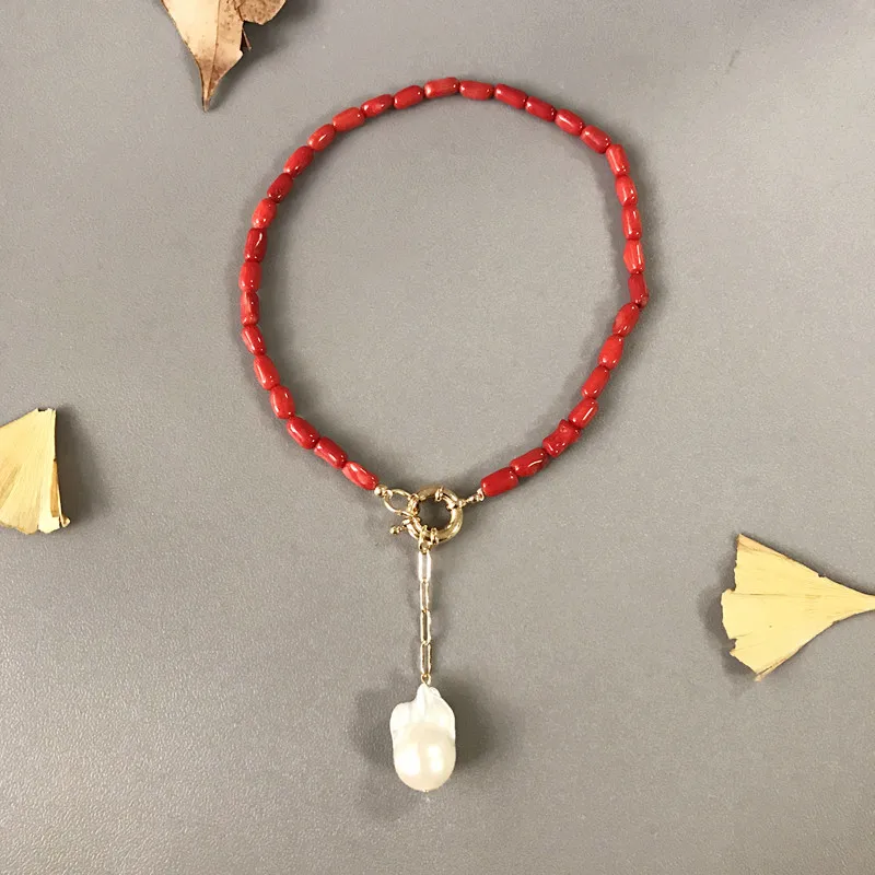 Vermelho com Pingente de Pérola Vintage com Pingente Presente de Aniversário Colar Boêmio Coral Barroco Joia Retrô 2020