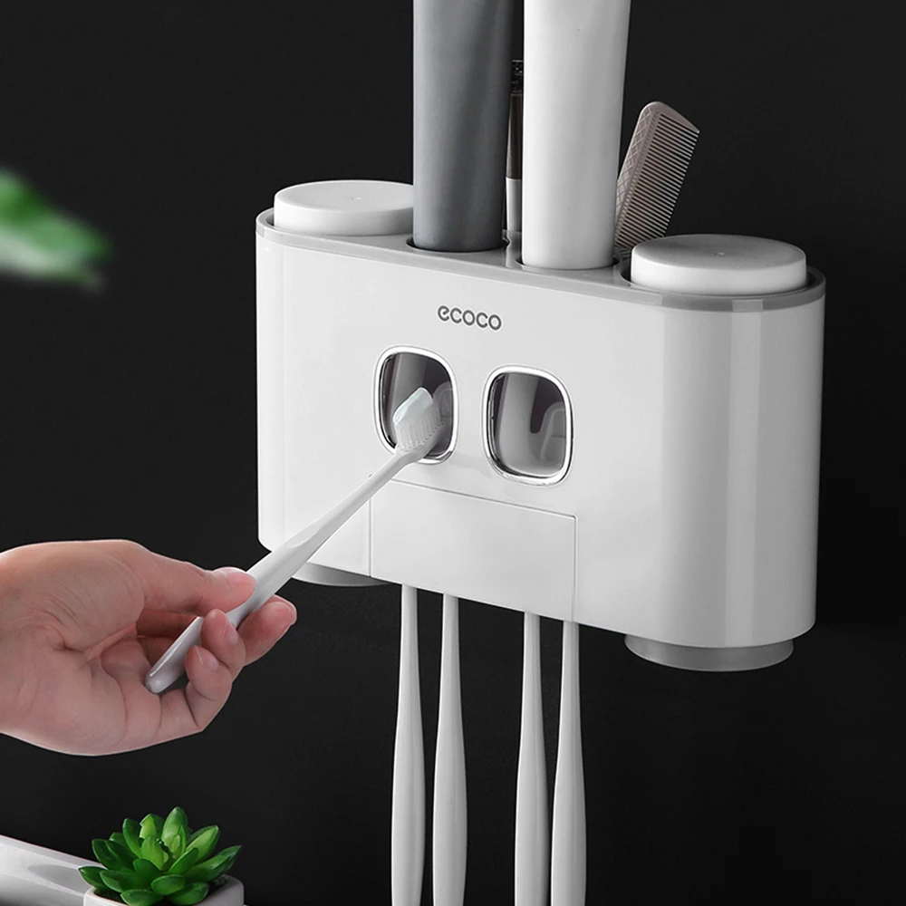 Ecoco стеллаж для хранения, новинка, настенный держатель для зубных щеток, ванная комната, стеллаж для хранения туалетных принадлежностей с 2 дозаторами для зубной пасты, 4 чашки