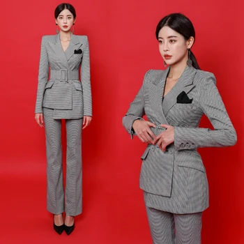 

Professional suit new 2 piece set women OLtemperament fashion houndstooth self-cultivation irregular suit jacket pants two-piece