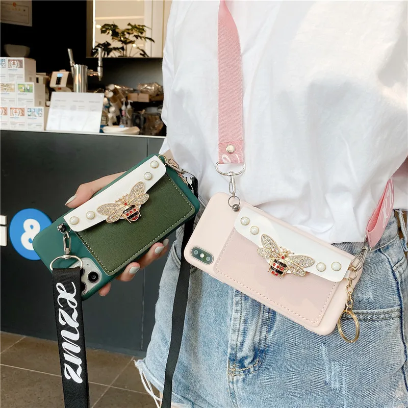 3D Luxury Brand Pearl Bee Wallet Leather soft case for iphone 11 Pro Max 7 8 6S plus X XR XS SE 2020 cover samsung S8 S9 S10 | Мобильные