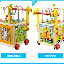 Деревянная детская тележка-пазл для малышей, ходунки с большими круглыми бусинами, многофункциональная безопасная коробка с сокровищами, игрушка для детей 7-18 месяцев