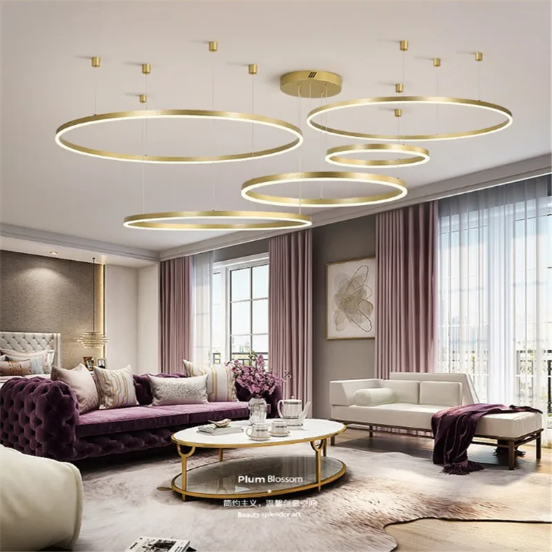 

Nordic minimalist modern chandelier atmosphere creative LED living room dining room golden chandelier bedroom circular ring lamp