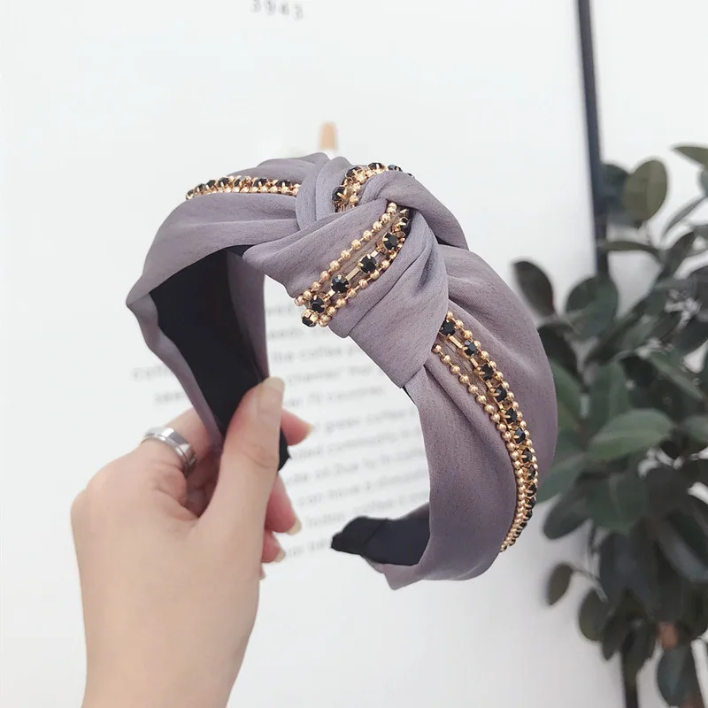 190922 gray Модные однотонные золотые со стразами повязка для волос женская Ювелирная головная повязка в виде чалмы обруч для волос аксессуары лента для волос diademas opaska - Цвет: 190922 gray