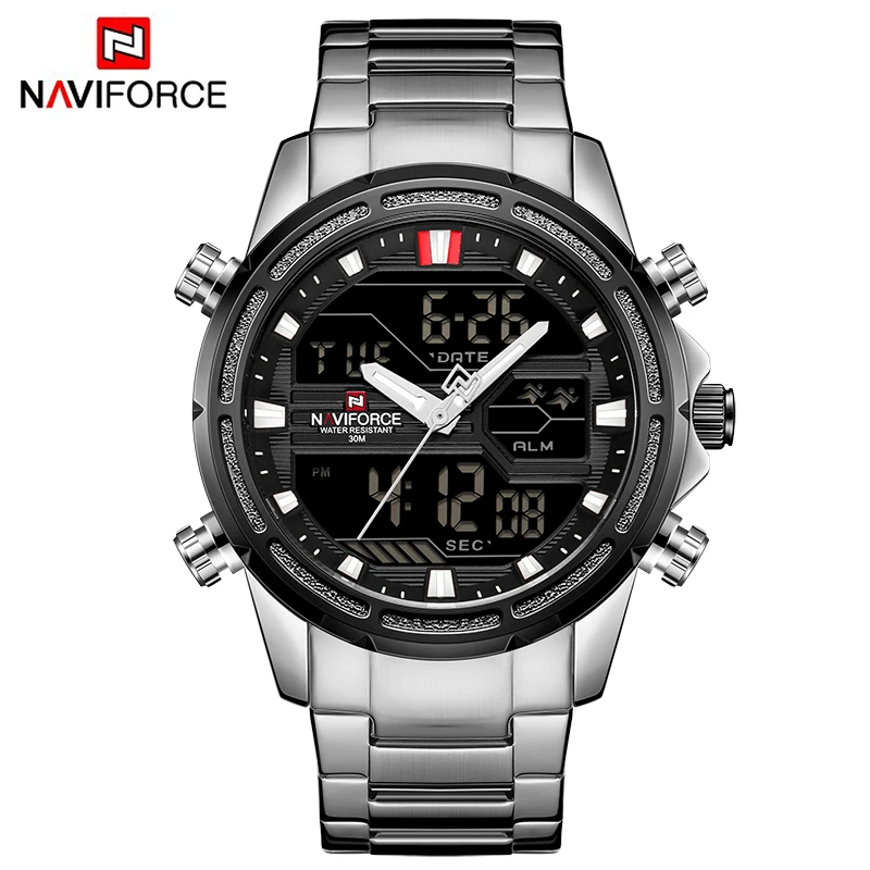 NAVIFORCE часы мужские брендовые Роскошные Кварцевые часы из нержавеющей стали водонепроницаемые Роскошные Брендовые мужские армейские военные часы Relogio Masculino - Цвет: Silver Black