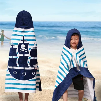 

DIDIHOU 127X76cm Blue White Absorbent Striped Towels Cotton Bathrobe Printed Boy Hooded Bath Towel Cartoon Children Beach Towel.