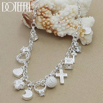 DOTEFFIL 925 Sterling Silver Cross Heart Moon Ball Multiple Pendants Chain Necklace For Woman Wedding Fashion Jewelry Charm