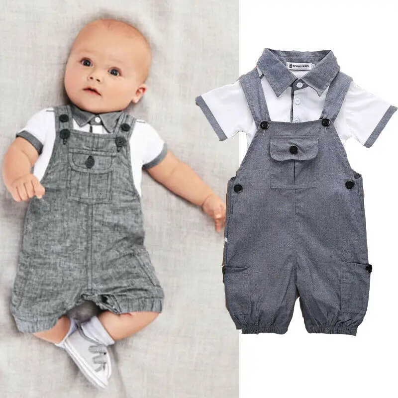 Free shipping Newborn Toddler Baby Boys clothes turn-down collar short sleeve T-shirts strap Button pocket Pants 2pc cute Outfit |
