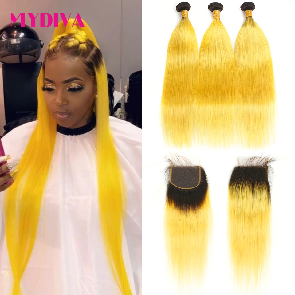 

Brazilian Straight Human Hair 3 Bundles With Closure 1B/Yellow Pink Ginger 10-28 Inch Remy Hair Lace Closure With Baby Hair