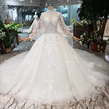 

Long Sleeve Lace Wedding Dresses Ball Gowns Elegant 2019 Backless High Neck Beading Tulle A line Vestidos De Novia Bridal Dress