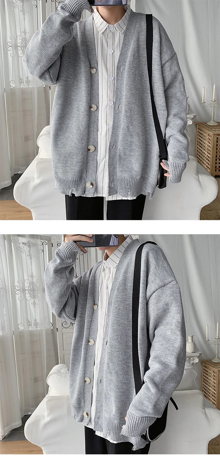 Cardigan Men Fashion Solid Color Casual V-neck Knit Sweater Jacket Men Streetwear Wild Loose Sweter Coat Male Clothes M-2XL